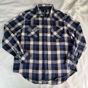 Frye Plaid Flannel Long Sleeve Shirt Men Sz XL Blue Cream Plaid‎ 100% Cotton